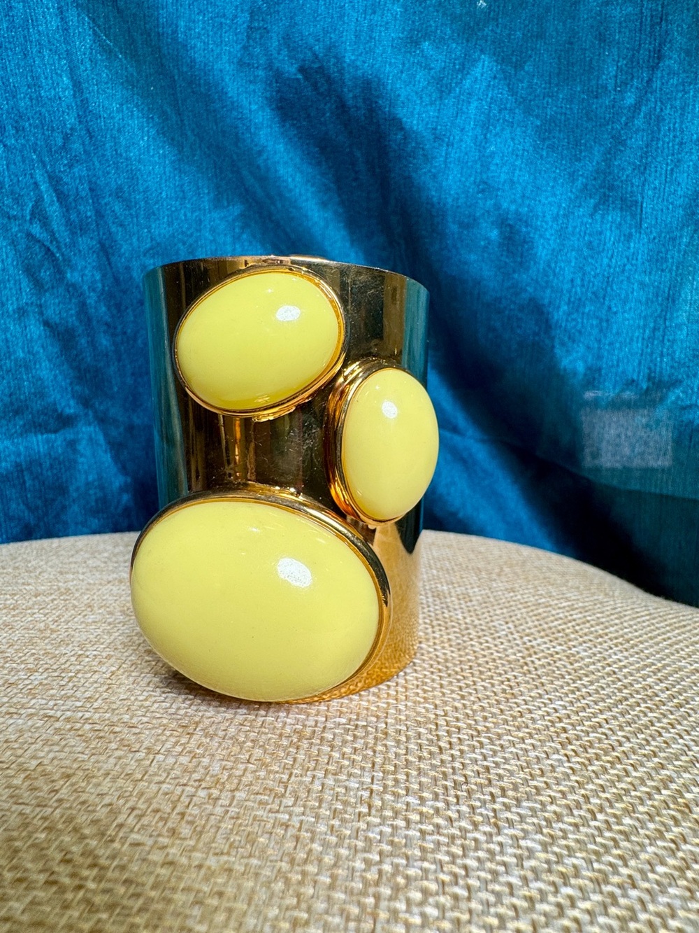 Gold Cuff Bracelet with Yellow Lucite Cabochons